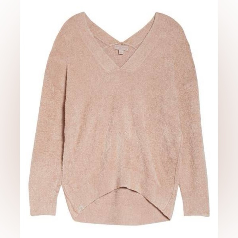 New Barefoot Dreams CozyChic Lite V-Neck High Low Seamed Sweater M Pink Clay